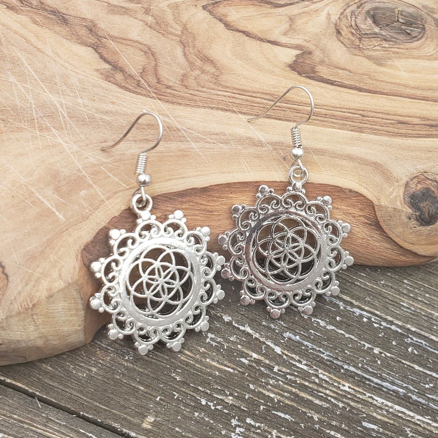 BESHEEK Silvertone Seed of Life Flower Dangle Earrings | Handmade Hypoallergenic Boho Beach Gala Wedding Style Fashion Earrings