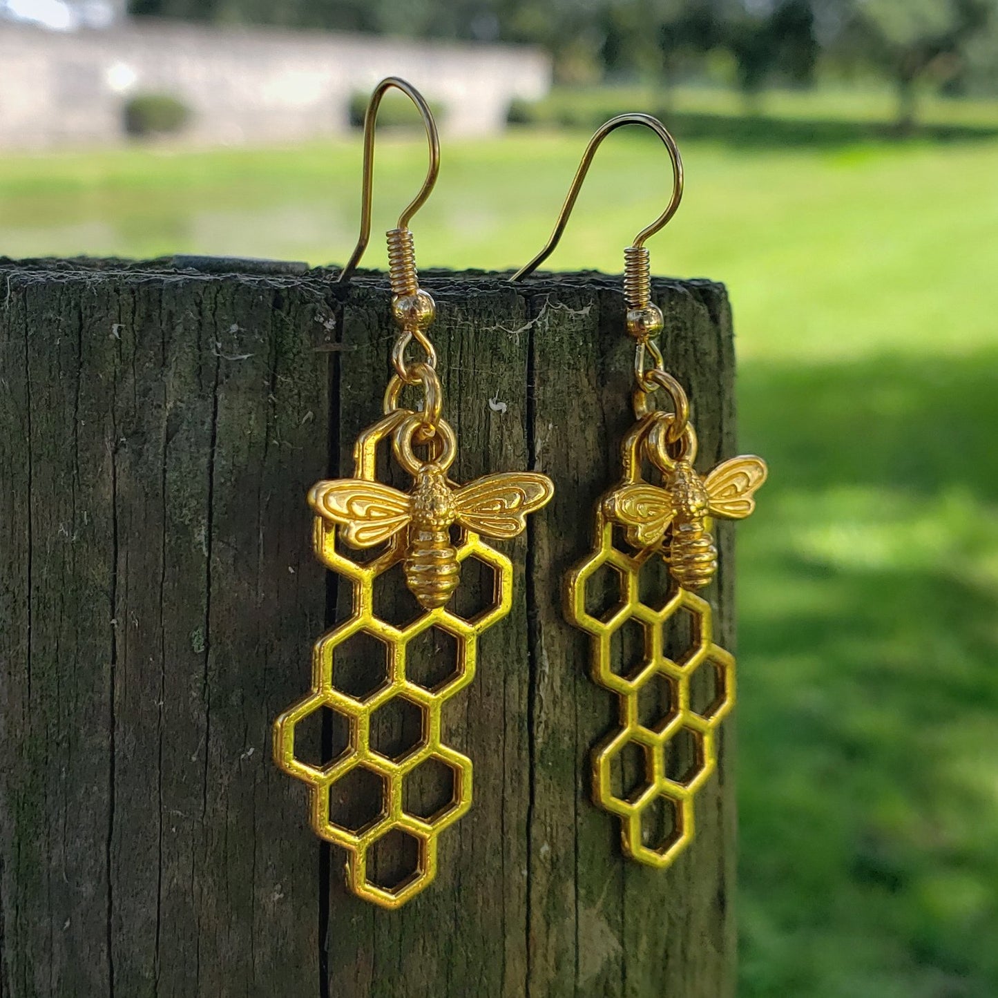 BESHEEK Goldtone Honeycomb with Bee Dangle Earrings | Handmade Hypoallergenic Boho Beach Gala Wedding Style Fashion Earrings
