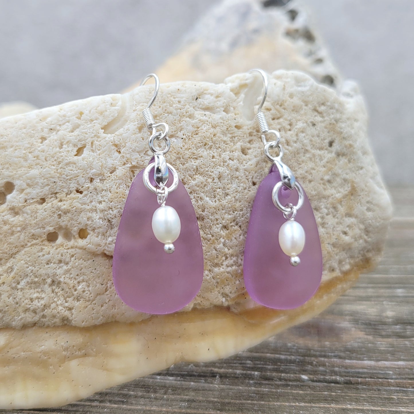 BESHEEK Purple Sea Glass and Freshwater Pearl Dangle Earrings | Handmade Hypoallergenic Boho Beach Gala Wedding Style Fashion Earrings