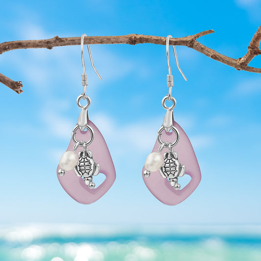 BESHEEK Purple Sea Glass, Heart and Freshwater Pearl Dangle Earrings | Handmade Hypoallergenic Boho Beach Gala Wedding Style Fashion Earrings