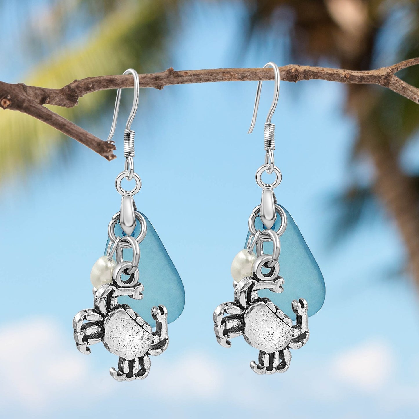 BESHEEK Blue Sea Glass and Crab Dangle Earrings | Handmade Hypoallergenic Boho Beach Gala Wedding Style Fashion Earrings