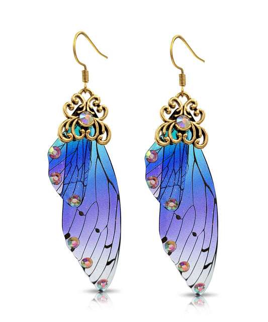 BESHEEK Antique Gold Blue & Purple Resin Butterfly Wings with Rhinestones | Handmade Hypoallergenic Boho Beach Gala Wedding Style Fashion Earrings