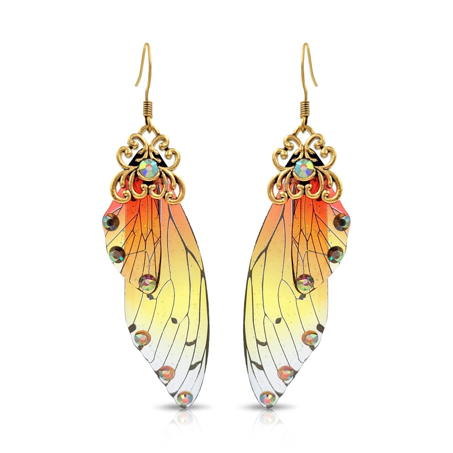 BESHEEK Antique Gold Red & Yellow Resin Butterfly Wings with Rhinestones | Handmade Hypoallergenic Boho Beach Gala Wedding Style Fashion Earrings