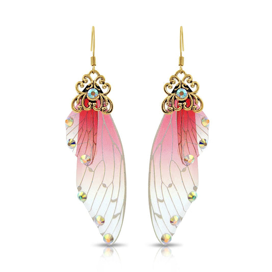 BESHEEK Antique Gold Red & Pink Resin Butterfly Wings with Rhinestones | Handmade Hypoallergenic Boho Beach Gala Wedding Style Fashion Earrings