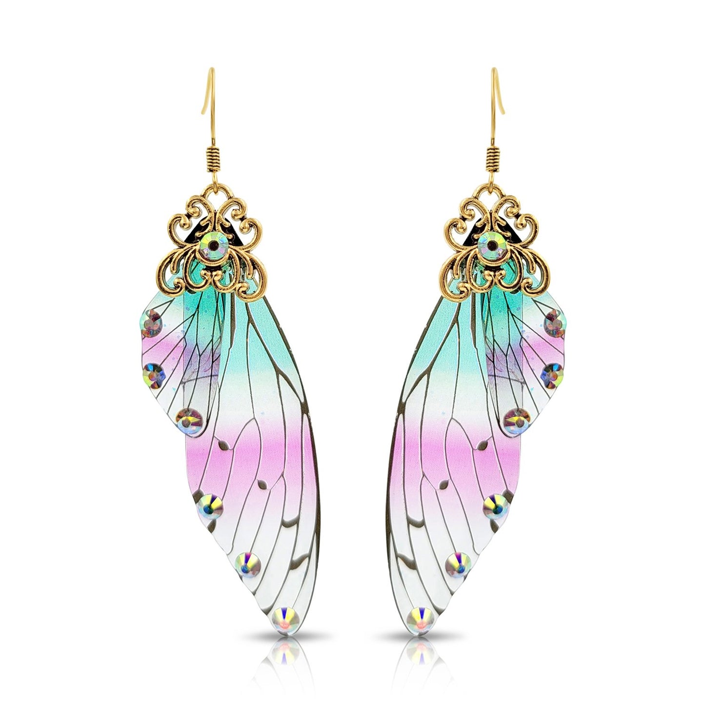 BESHEEK Antique Gold Blue & PInk Resin Butterfly Wings with Rhinestones | Handmade Hypoallergenic Boho Beach Gala Wedding Style Fashion Earrings