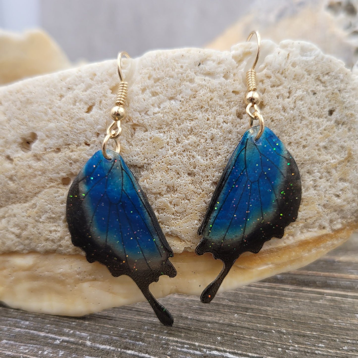 BESHEEK Blue and Black Butterfly Wing Resin Earrings | Handmade Hypoallergenic Boho Beach Gala Wedding Style Fashion Earrings