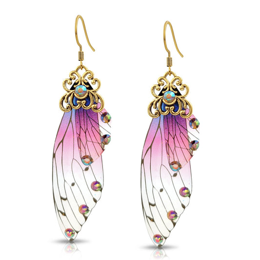 BESHEEK Clear, Pink and Purple with gold flecks Butterfly Wing Resin Earrings | Handmade Hypoallergenic Boho Beach Gala Wedding Style Fashion Earrings