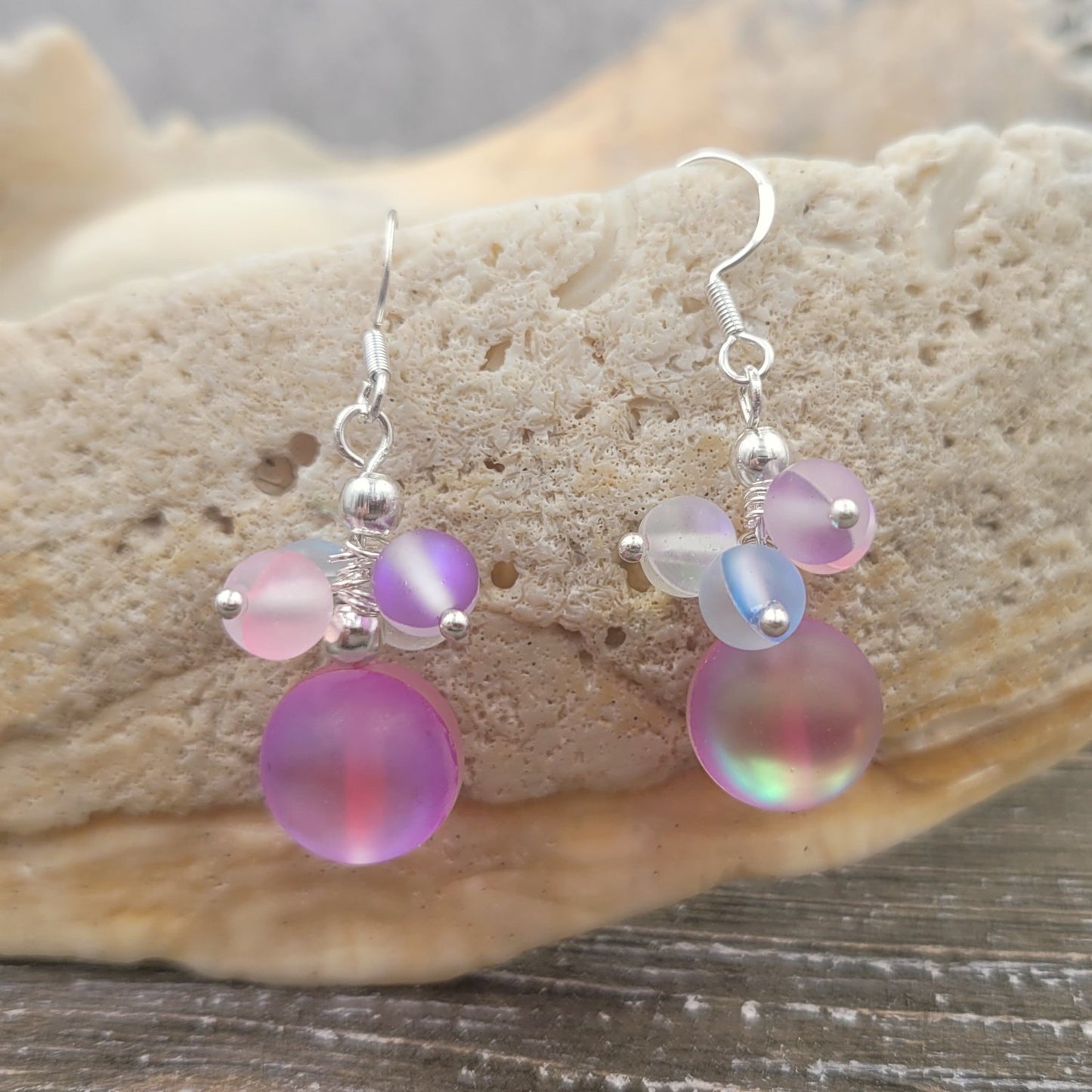 BESHEEK Rainbow 'Bubbles' Mermaid Glass Dangle Earrings | Handmade Hypoallergenic Boho Beach Gala Wedding Style Fashion Earrings