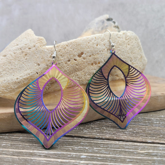 BESHEEK Rainbow Stainless Steel "Tropical Fan" Marquis Earrings | Handmade Hypoallergenic Boho Beach Gala Wedding Style Fashion Earrings