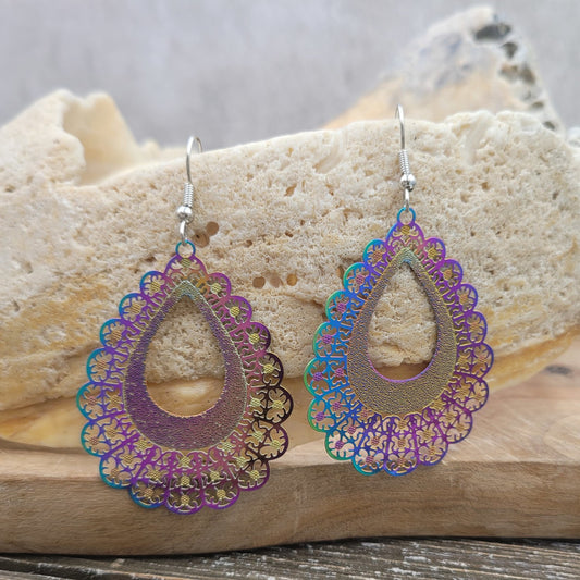 BESHEEK Rainbow Stainless Steel "Ornate Crochet" Teardrop Earrings | Handmade Hypoallergenic Boho Beach Gala Wedding Style Fashion Earrings