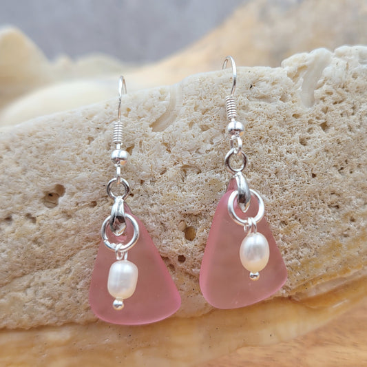 BESHEEK Sterling Silver Pink & Freshwater Pearl Seaglass Earrings | Handmade Hypoallergenic Boho Beach Gala Wedding Style Fashion Earrings