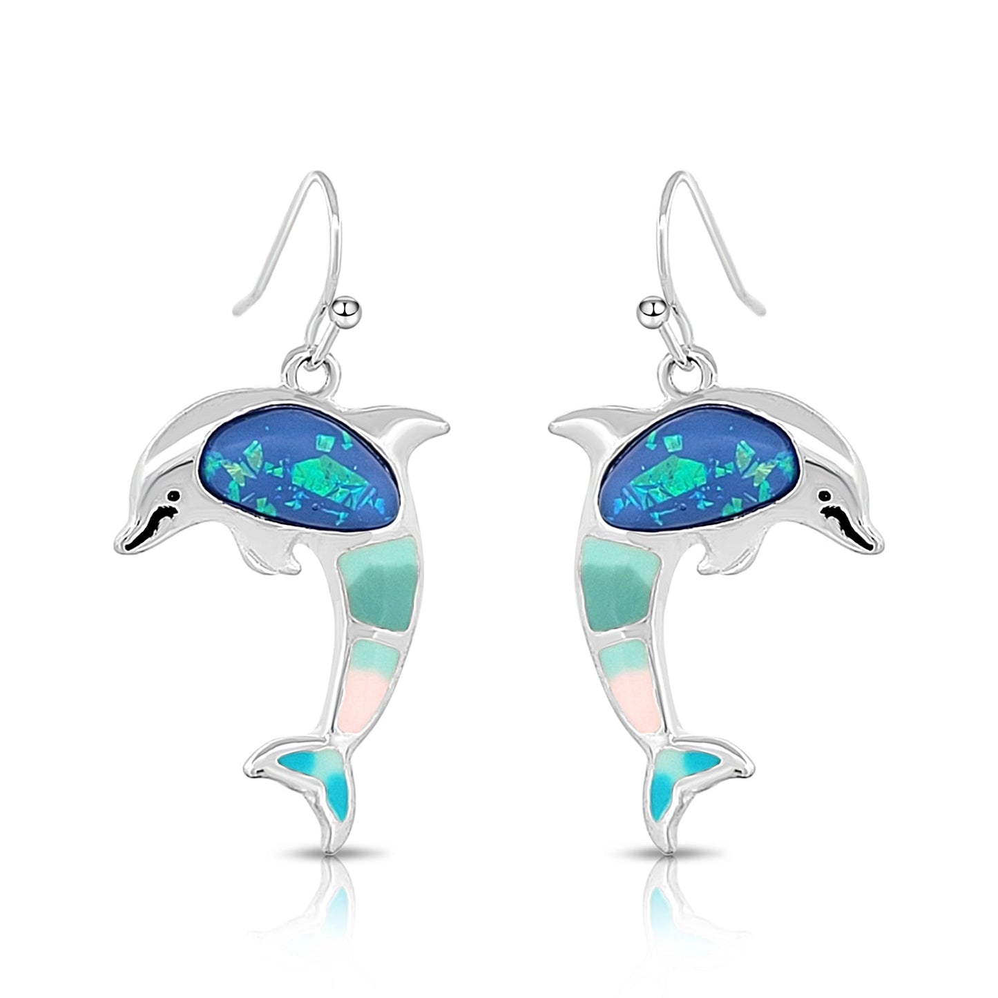 BESHEEK Silvertone and Pastel Resin Dolphin Dangle Earrings | Handmade Hypoallergenic Boho Beach Gala Wedding Style Fashion Earrings