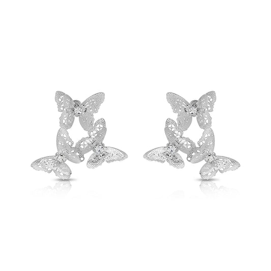 BESHEEK Silvertone 3d Butterfly and Rhinestone Dangle Stud Earrings | Handmade Hypoallergenic Boho Beach Gala Wedding Style Fashion Earrings