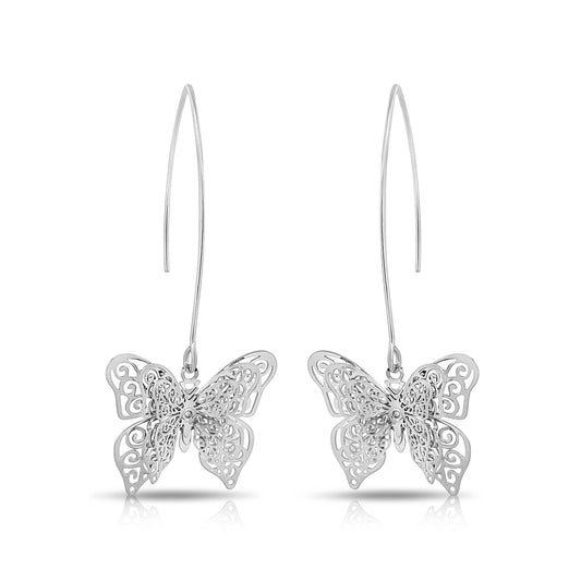 BESHEEK Silvertone 3d Butterfly Thread Earrings | Handmade Hypoallergenic Boho Beach Gala Wedding Style Fashion Earrings