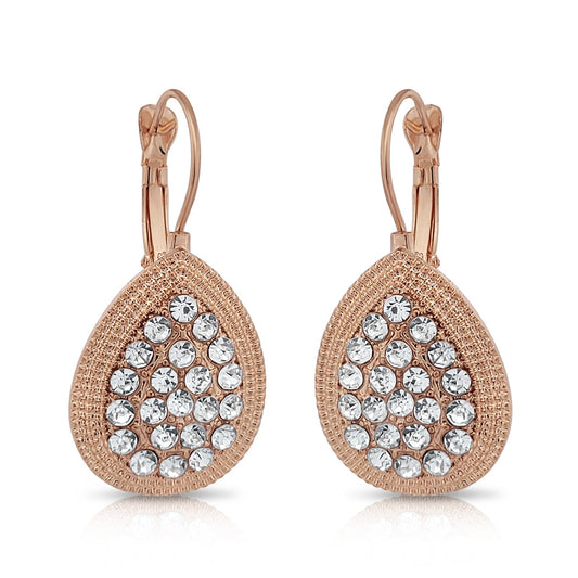 BESHEEK Goldtone and Paved Rhinestone teardrop leverback earrings | Handmade Hypoallergenic Boho Beach Gala Wedding Style Fashion Earrings