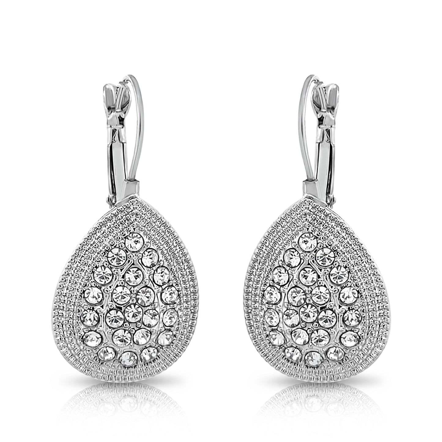 BESHEEK Silvertone and Paved Rhinestone teardrop leverback earrings | Handmade Hypoallergenic Boho Beach Gala Wedding Style Fashion Earrings