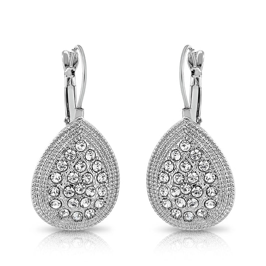 BESHEEK Silvertone and Paved Rhinestone teardrop leverback earrings | Handmade Hypoallergenic Boho Beach Gala Wedding Style Fashion Earrings