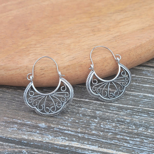 BESHEEK Silvertone Ornate Filigree Swirl Latch earrings | Hypoallergenic Boho Beach Gala Wedding Style Fashion Earrings