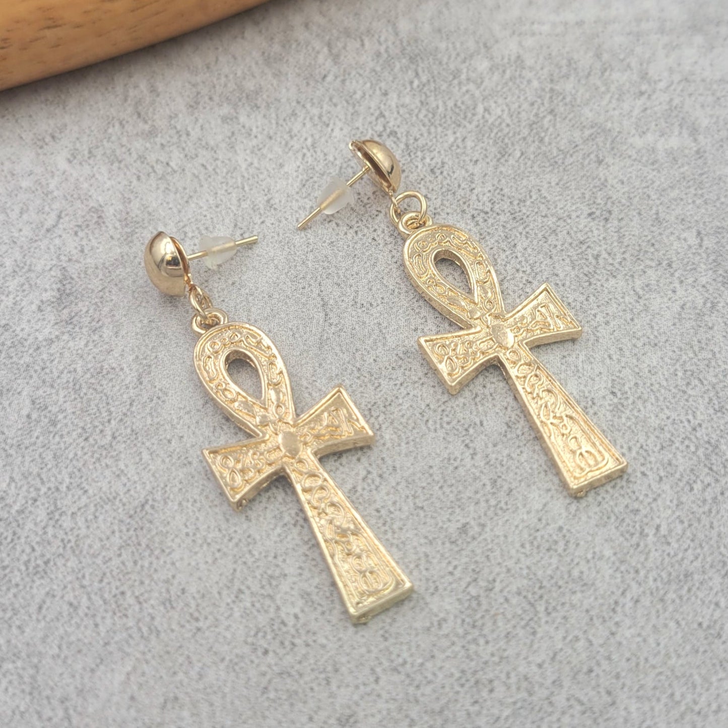 BESHEEK Goldtone Cross of Life stud earrings | Handmade Hypoallergenic Boho Beach Gala Wedding Style Fashion Earrings