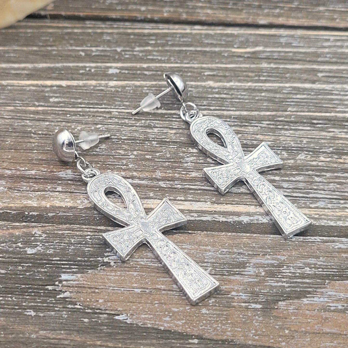BESHEEK Silvertone Cross of Life stud earrings | Handmade Hypoallergenic Boho Beach Gala Wedding Style Fashion Earrings