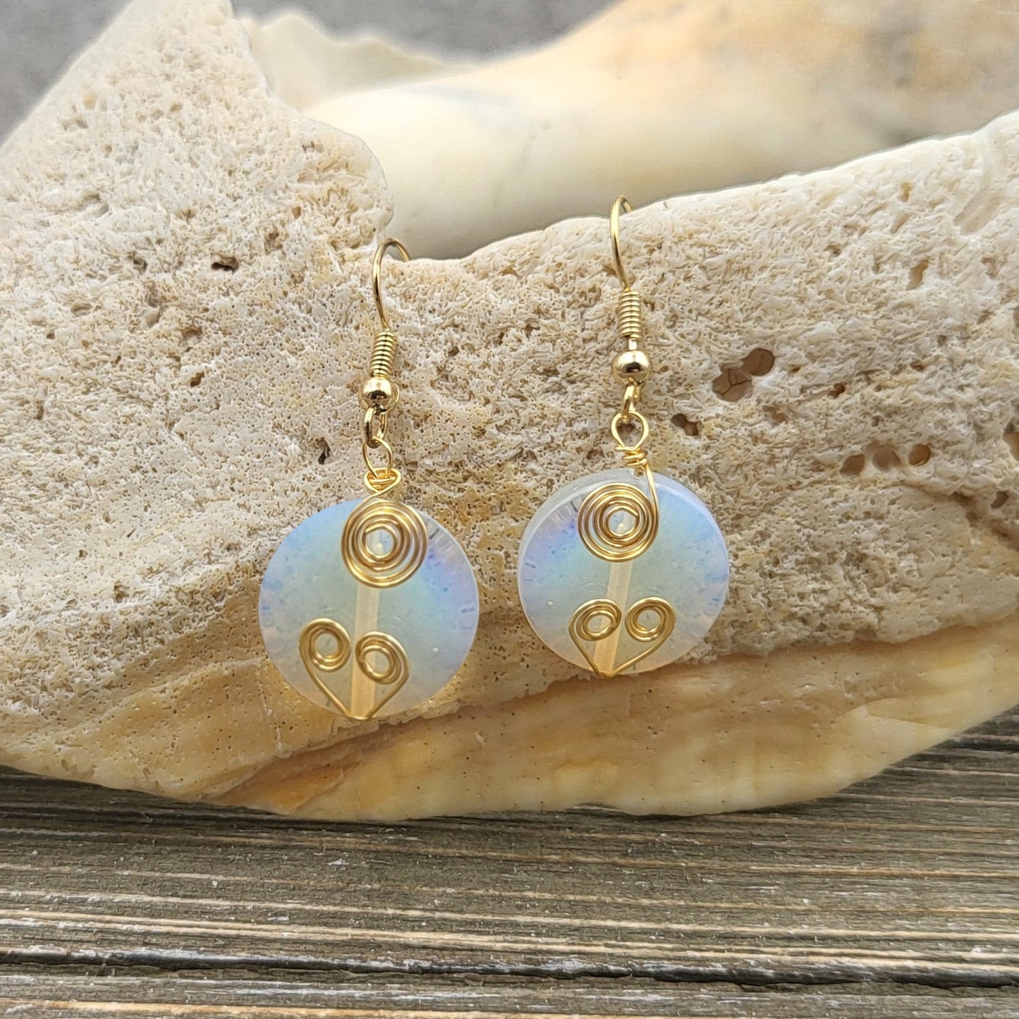 BESHEEK Goldtone and Natural Opalite Moonstone Dangle Earrings | Handmade Hypoallergenic Boho Beach Gala Wedding Style Fashion Earrings