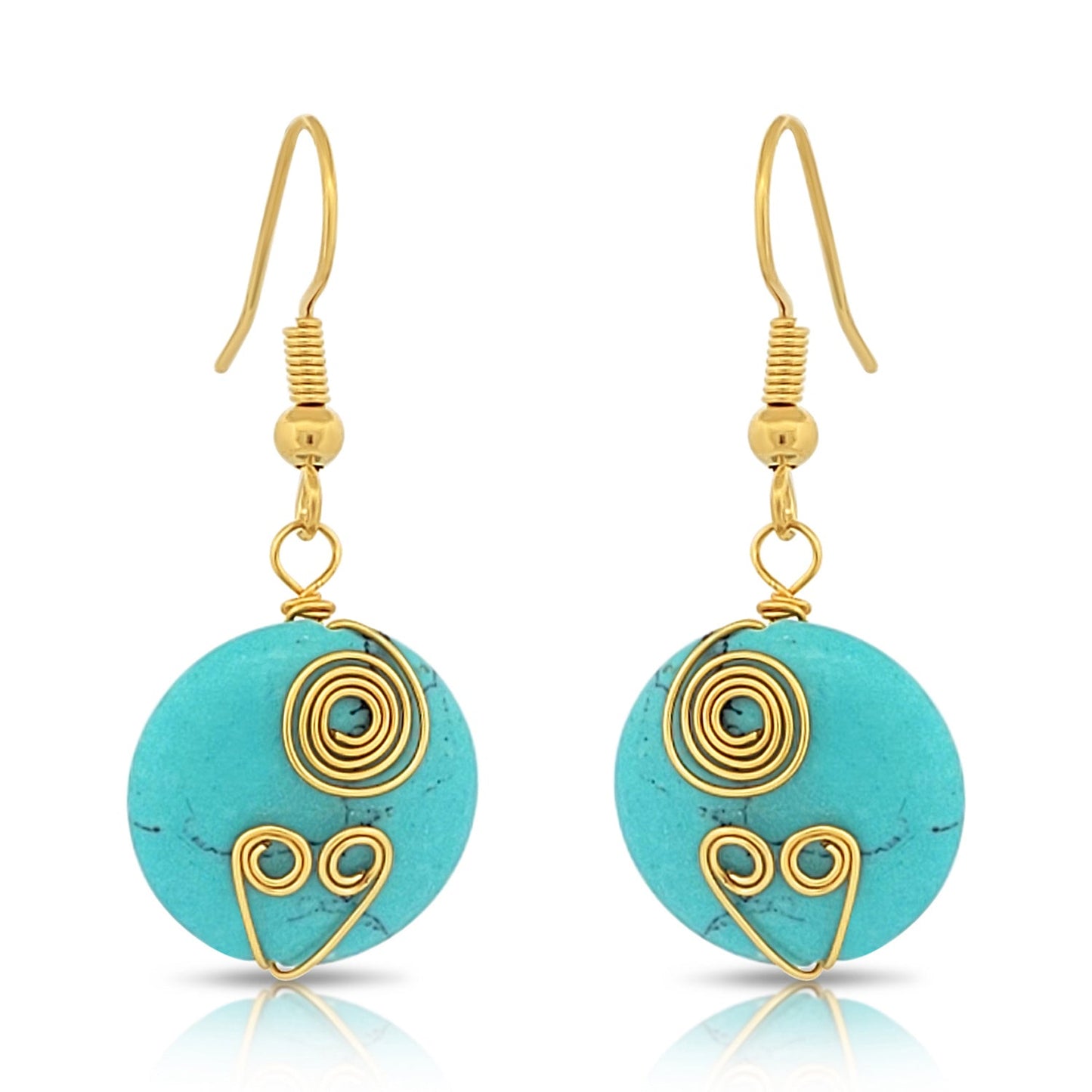 BESHEEK Goldtone and Natural Turquoise Stone Dangle Earrings | Handmade Hypoallergenic Boho Beach Gala Wedding Style Fashion Earrings