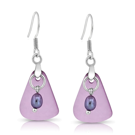 BESHEEK Sterling Silver, Purple Sea Glass and Freshwater Pearl Dangle Earrings | Handmade Hypoallergenic Boho Beach Gala Wedding Style Fashion Earrings