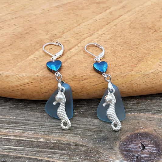 BESHEEK Sterling Silver, Blue Sea Glass, Hematite and Seahorse Dangle Earrings | Handmade Hypoallergenic Boho Beach Gala Wedding Style Fashion Earrings