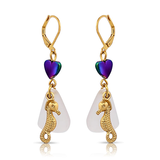 BESHEEK Goldtone, Sea Glass, Hematite and Seahorse Dangle Earrings | Handmade Hypoallergenic Boho Beach Gala Wedding Style Fashion Earrings
