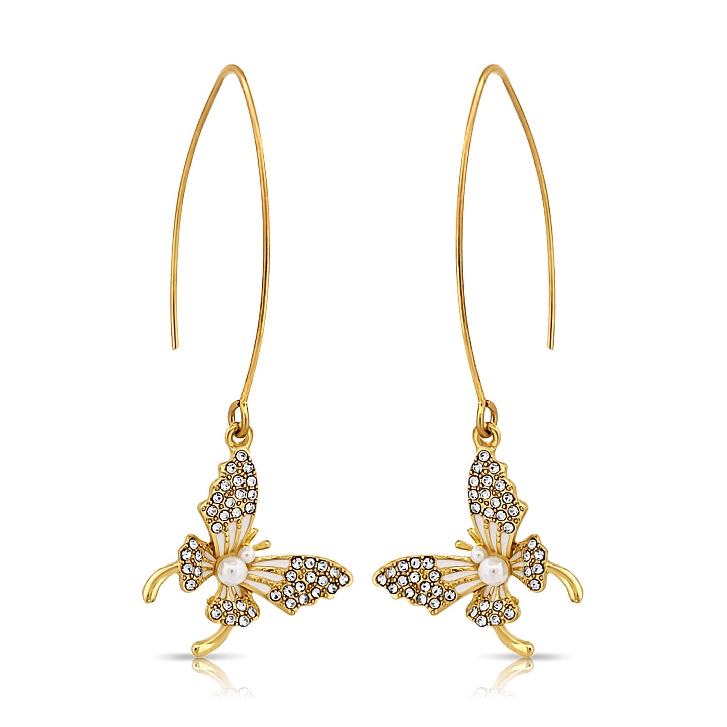 BESHEEK Goldtone and Rhinestones Faux Pearl Butterfly Fish Hook Earrings | Handmade Hypoallergenic Boho Beach Gala Wedding Style Fashion Earrings