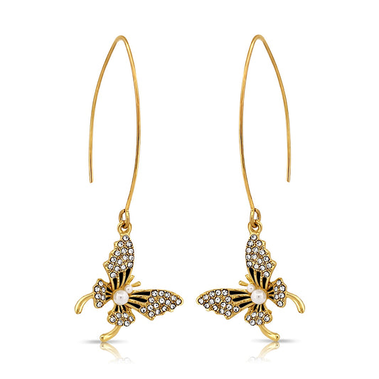 BESHEEK Goldtone, Black and Rhinestones Faux Pearl Butterfly Fish Hook Earrings | Handmade Hypoallergenic Boho Beach Gala Wedding Style Fashion Earrings