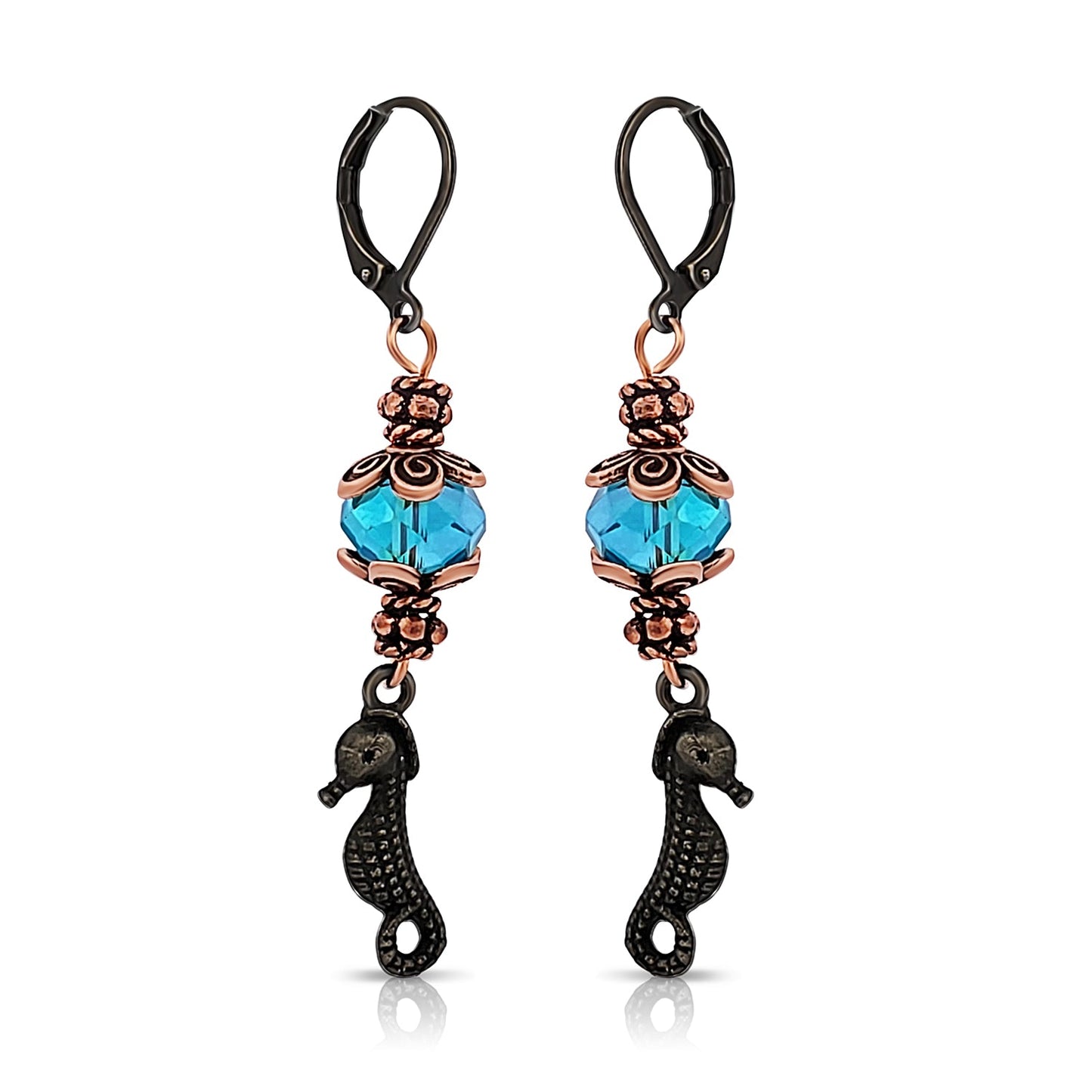 BESHEEK Copper and Blue Crystal Seahorse Dangle Earrings | Handmade Hypoallergenic Boho Beach Gala Wedding Style Fashion Earrings