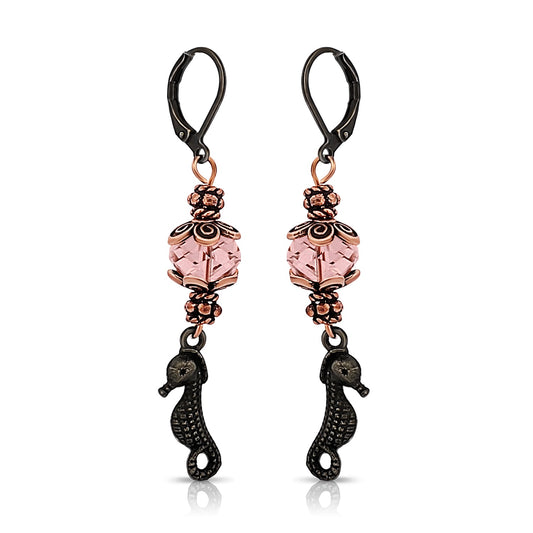 BESHEEK Copper and Pink Crystal Seahorse Dangle Earrings | Handmade Hypoallergenic Boho Beach Gala Wedding Style Fashion Earrings