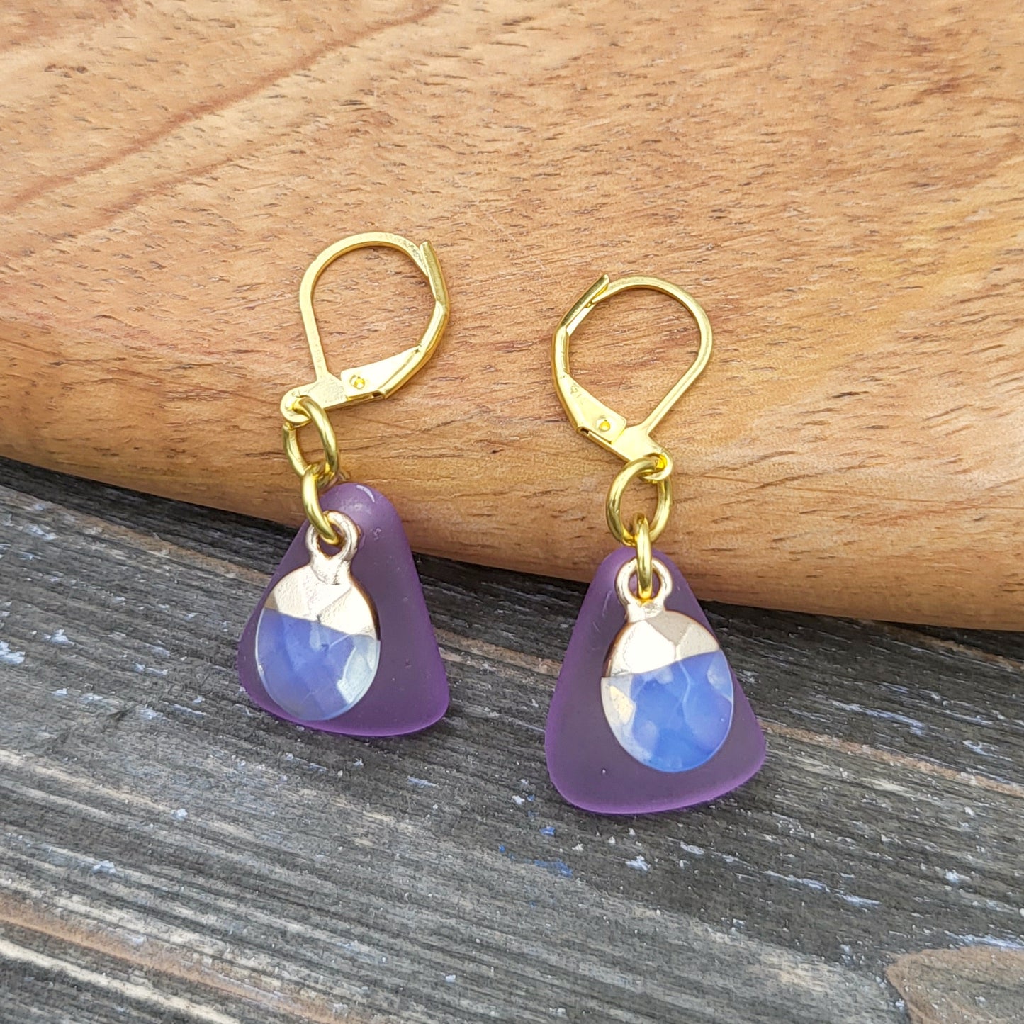 BESHEEK Goldtone Moonstone Opalite & Purple Seaglass Dangle Earrings | Handmade Hypoallergenic Boho Beach Gala Wedding Style Fashion Earrings