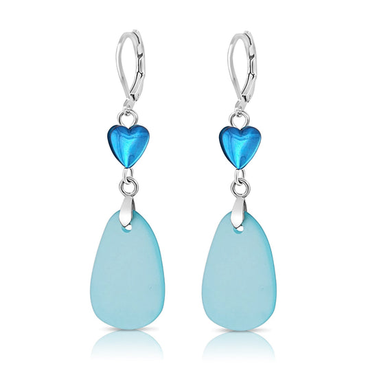 BESHEEK Silvertone and Blue Hematite Heart and Seaglass Dangle Earrings | Handmade Hypoallergenic Boho Beach Gala Wedding Style Fashion Earrings