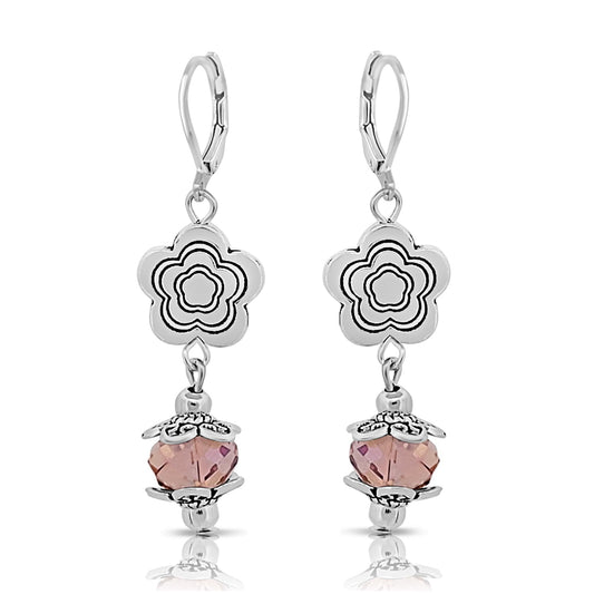 BESHEEK Silvertone and Pink Crystal Tibetan Flower Dangle Earrings | Handmade Hypoallergenic Boho Beach Gala Wedding Style Fashion Earrings