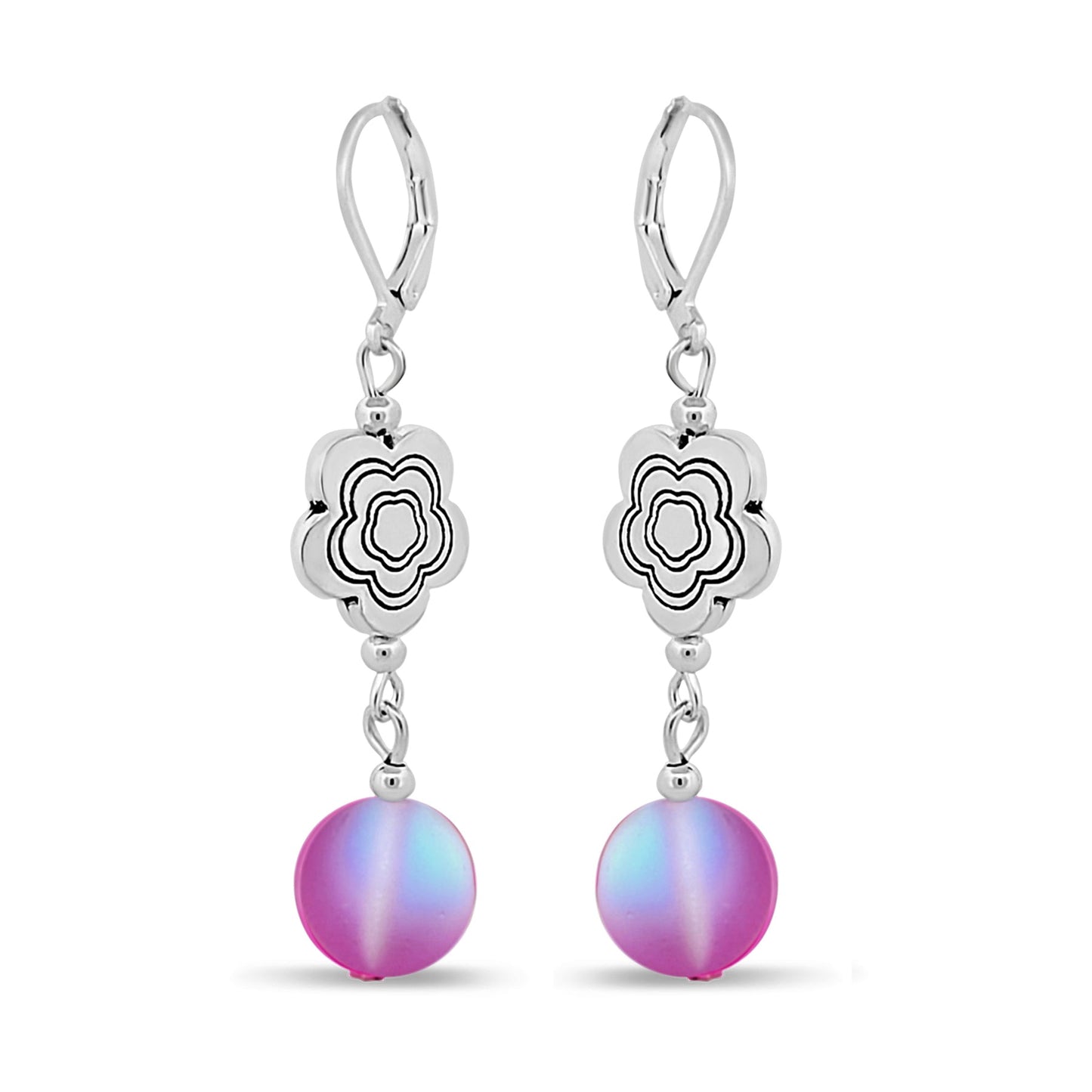 BESHEEK Silvertone and Pink Mermaid Bead Tibetan Flower Dangle Earrings | Handmade Hypoallergenic Boho Beach Gala Wedding Style Fashion Earrings
