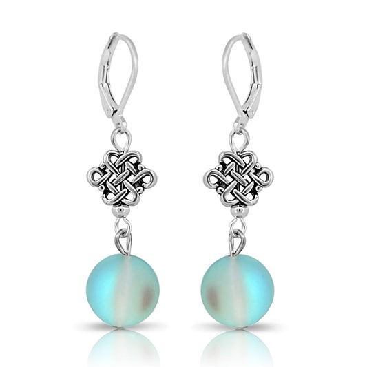 BESHEEK Silvertone and Blue Mermaid Bead, Celtic Knot Dangle Earrings | Handmade Hypoallergenic Boho Beach Gala Wedding Style Fashion Earrings