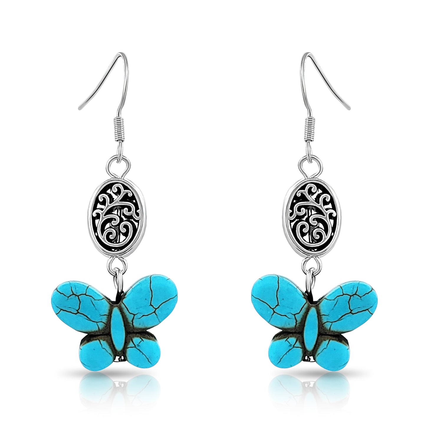 BESHEEK Silvertone and Turquoise Butterfly Filigree Dangle Earrings | Hypoallergenic Boho Beach Gala Wedding Style Fashion Earrings