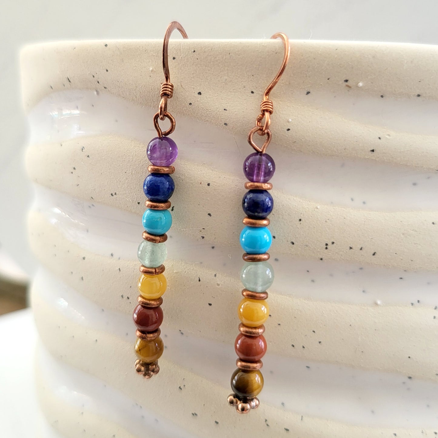 BESHEEK Copper Rainbow Hematite Chakra Beaded Dangle Earrings | Hypoallergenic Boho Beach Gala Wedding Style Fashion Earrings