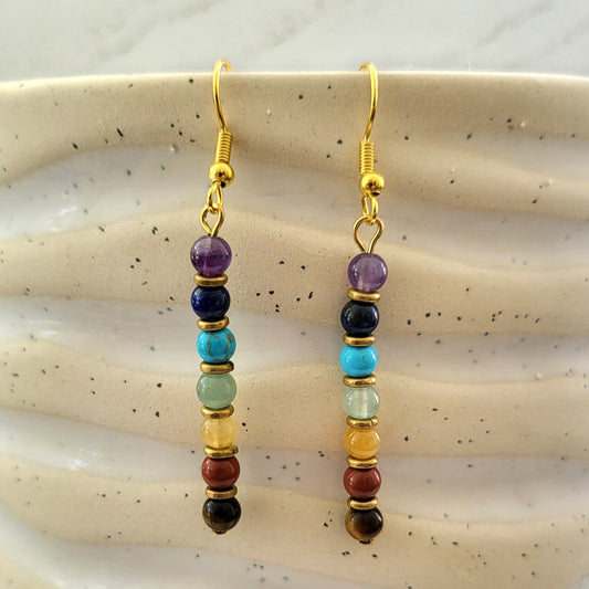 BESHEEK Gold Rainbow Hematite Chakra Beaded Dangle Earrings | Hypoallergenic Boho Beach Gala Wedding Style Fashion Earrings