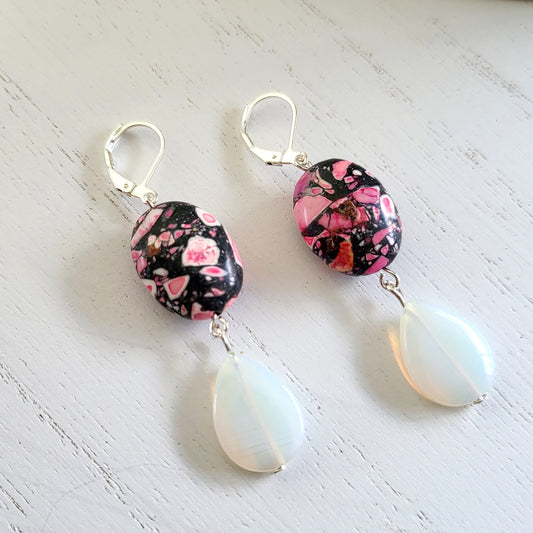 BESHEEK Opalite Moonstone and Pink Reconstituted Turquoise Leverback Earrings | Hypoallergenic Boho Beach Gala Wedding Style Fashion Earrings