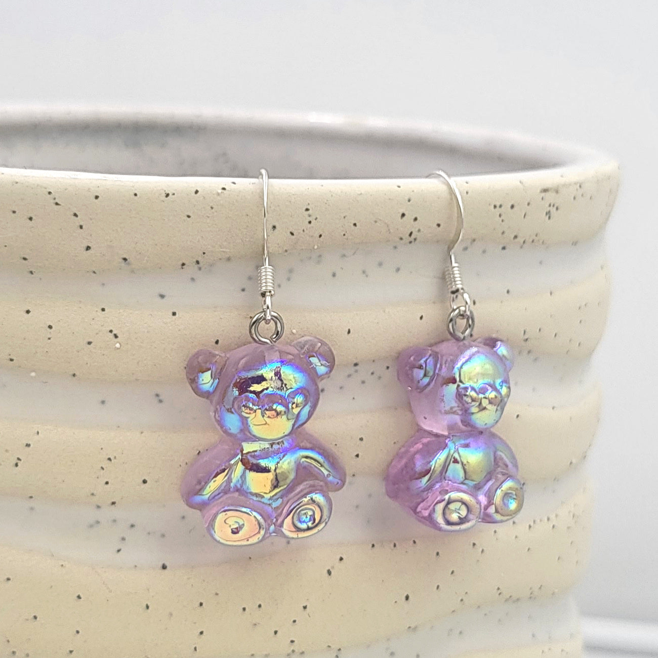 BESHEEK Silvertone and Purple Resin Gummy Bear Dangle Earrings | Hypoallergenic Boho Kitchsy Artistic Funky Cute Style Fashion Earrings