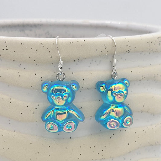BESHEEK Silvertone and Blue Resin Gummy Bear Dangle Earrings | Hypoallergenic Boho Kitchsy Artistic Funky Cute Style Fashion Earrings