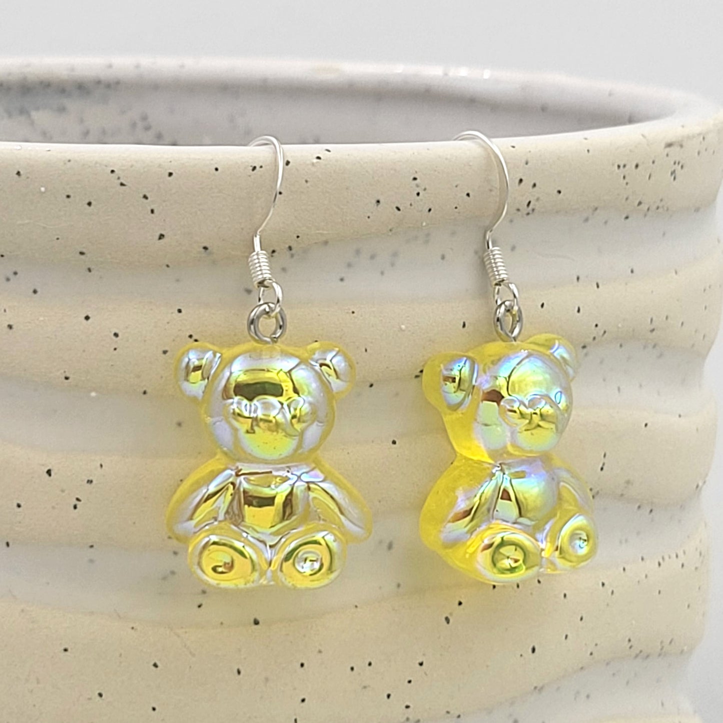 BESHEEK Silvertone and Yellow Resin Gummy Bear Dangle Earrings | Hypoallergenic Boho Kitchsy Artistic Funky Cute Style Fashion Earrings
