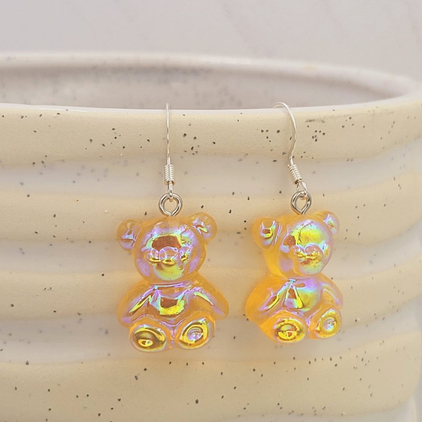 BESHEEK Silvertone and Orange Resin Gummy Bear Dangle Earrings | Hypoallergenic Boho Kitchsy Artistic Funky Cute Style Fashion Earrings