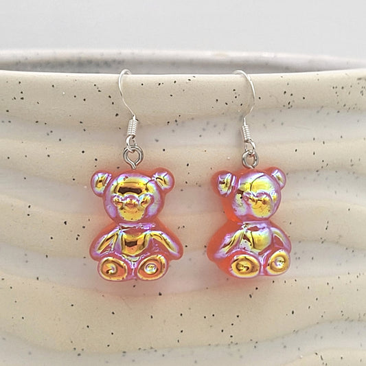 BESHEEK Silvertone and Red Resin Gummy Bear Dangle Earrings | Hypoallergenic Boho Kitchsy Artistic Funky Cute Style Fashion Earrings