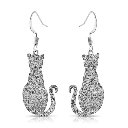 BESHEEK Filigree Embossed Kitty Cat Dangle Earrings | Hypoallergenic Boho Kitchsy Artistic Animal Cute Style Fashion Earrings