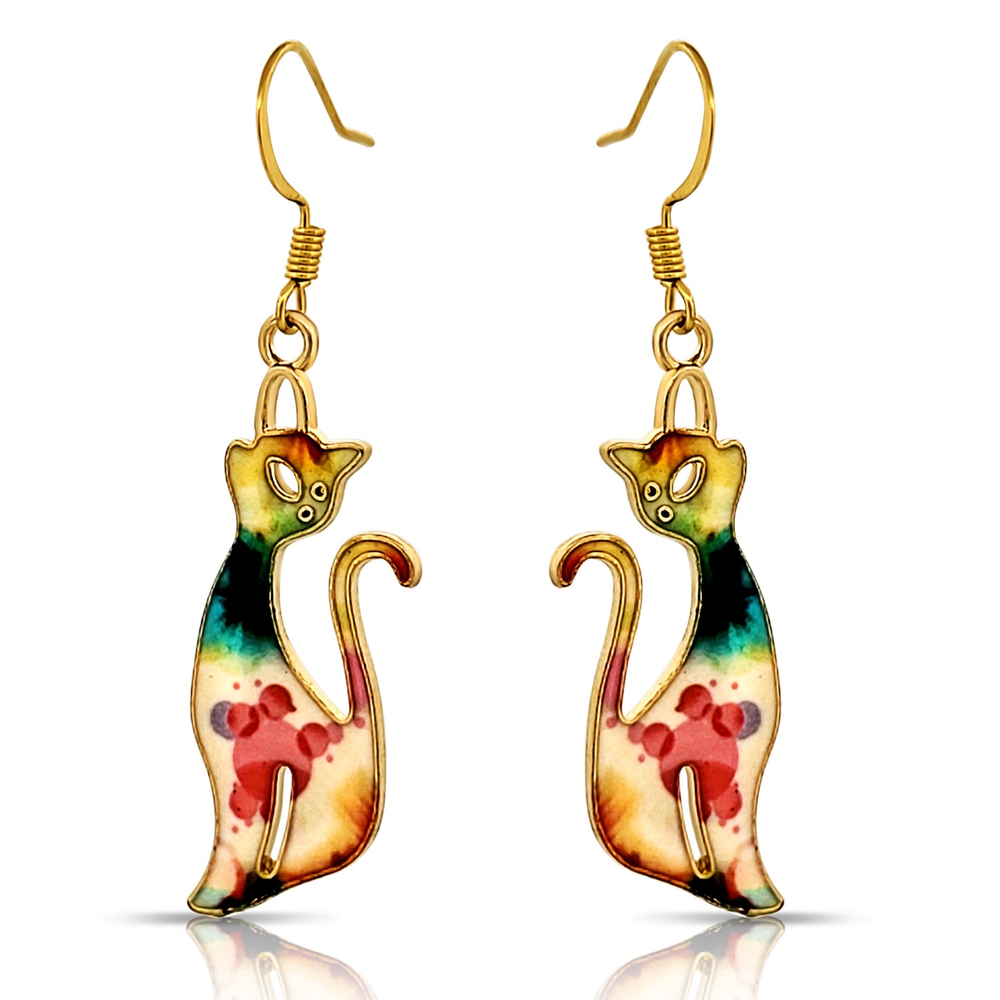 BESHEEK Goldtone Colorful Kitty Cat Dangle Earrings | Hypoallergenic Boho Kitchsy Artistic Animal Cute Style Fashion Earrings