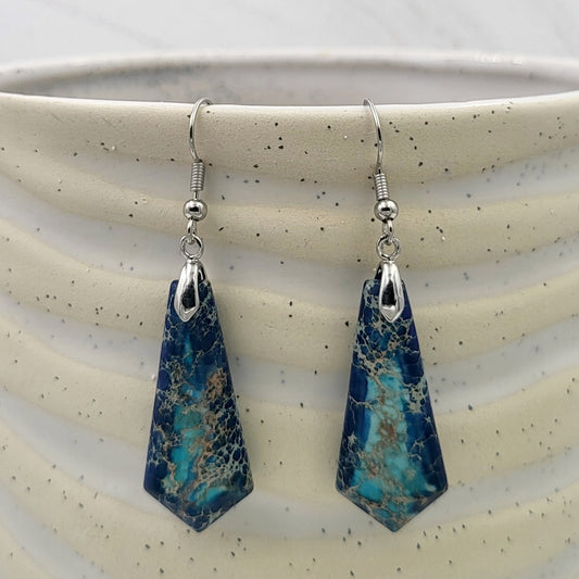 BESHEEK Blue Gradient Pentagon Sea Sediment Jasper Stone Earrings | Hypoallergenic Boho Beach Gala Wedding Style Fashion Earrings